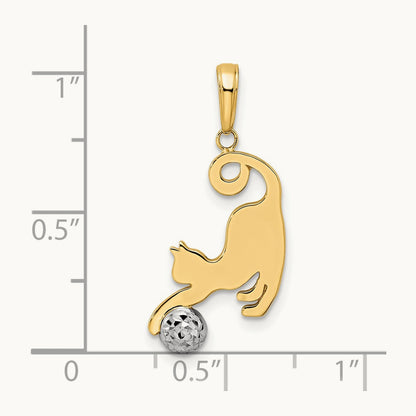 Diamond-cut Cat and Ball Pendant, 14K with White Rhodium