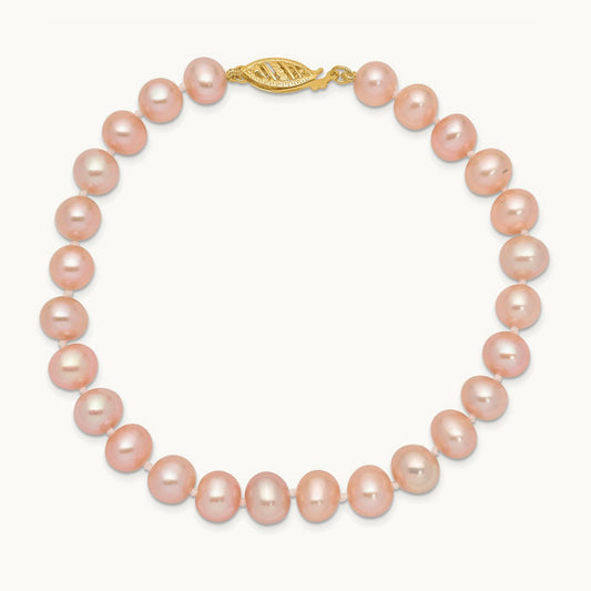 7- Pink Near Round Freshwater Cultured Pearl Bracelet, 8mm, 14K