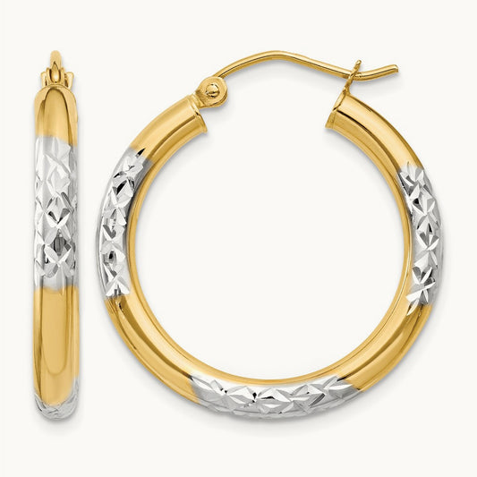 Diamond-cut Hoop Earrings with Rhodium — 3x25mm