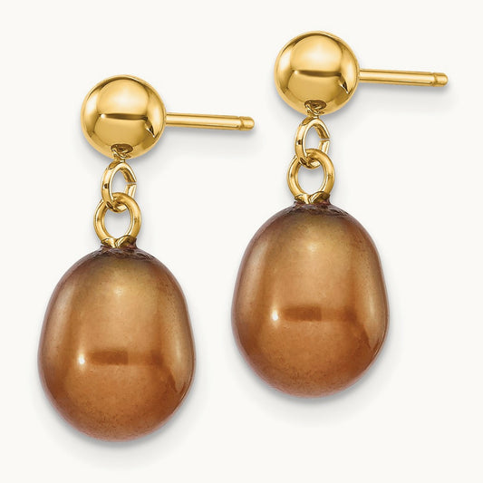 7- Brown Rice Freshwater Cultured Pearl Post Dangle Earrings, 8mm, 14K
