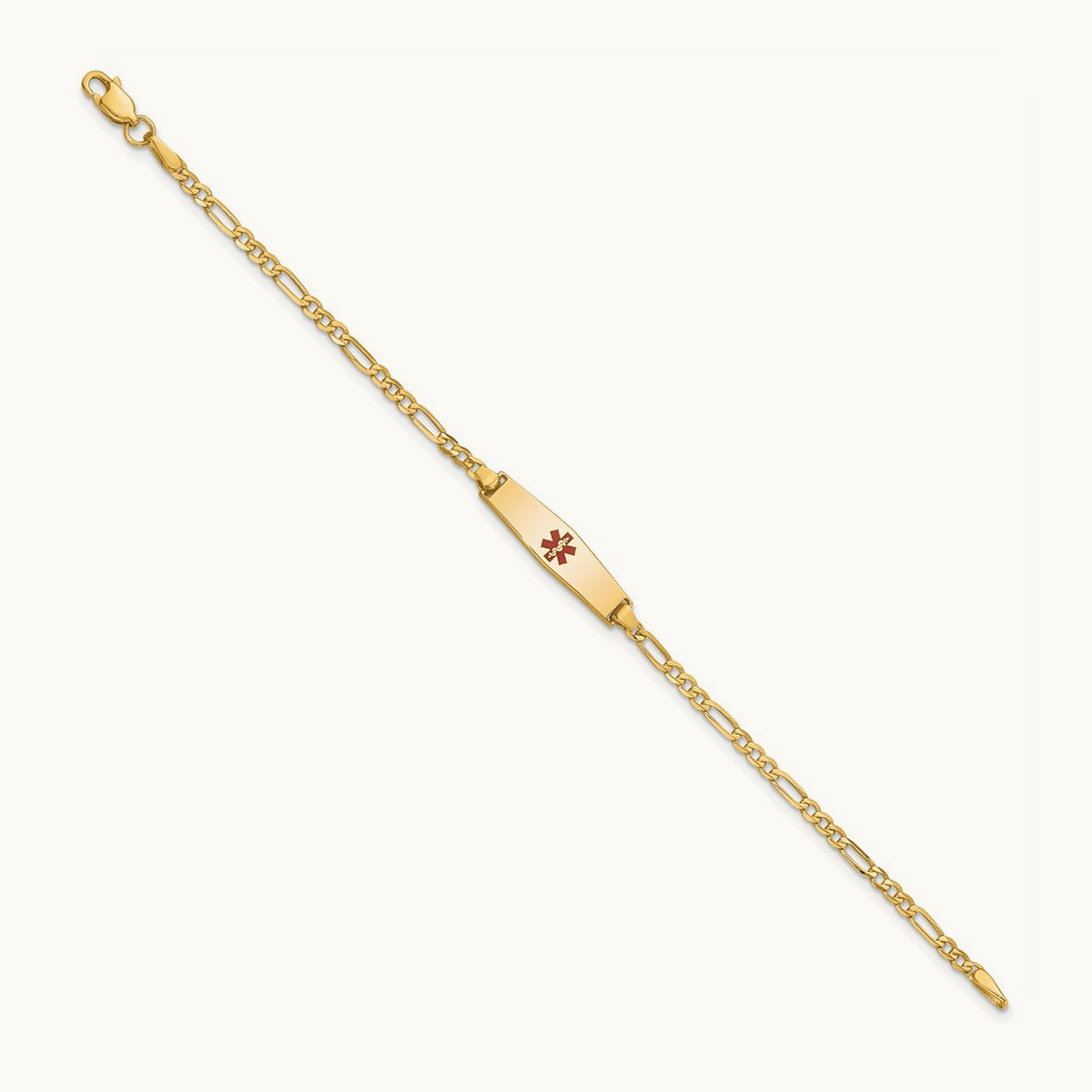 Medical Soft Diamond Shape Red Enamel Figaro Link ID Bracelet, 14K