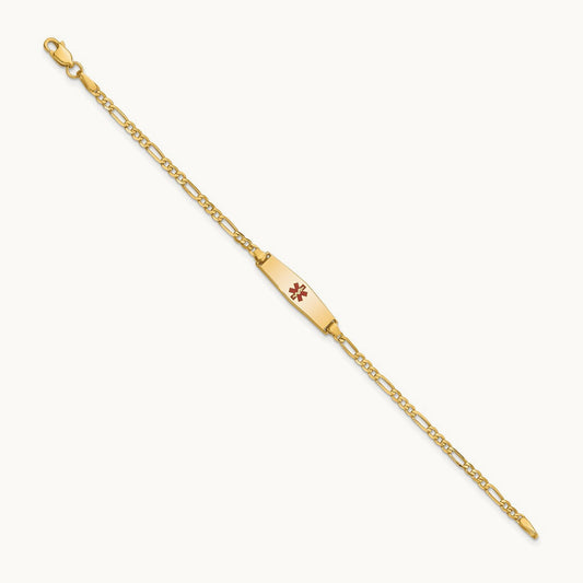 Medical Soft Diamond Shape Red Enamel Figaro Link ID Bracelet, 14K