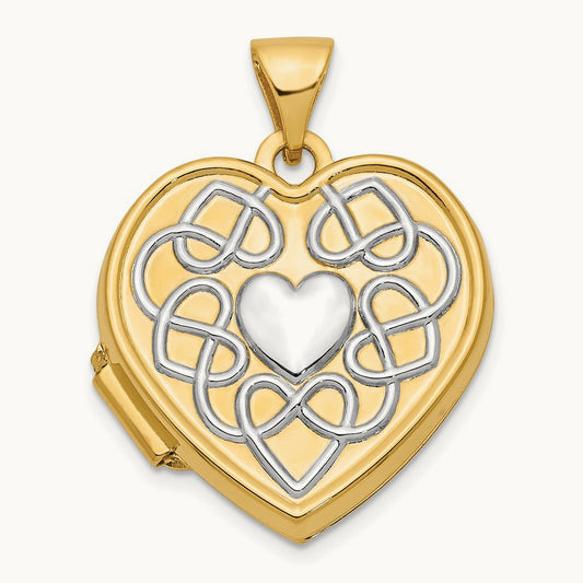 w/ White Rhodium Knotted Heart of Gold Reversible Heart Locket, 14K Yellow Gold