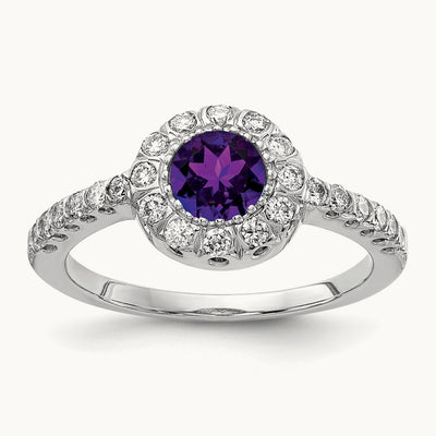 Amethyst AA Diamond ring, 5mm, 14K White Gold