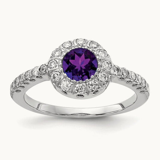 Amethyst AA Diamond ring, 5mm, 14K White Gold