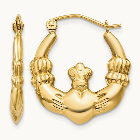 Polished Claddagh Hoop Earrings, 14K