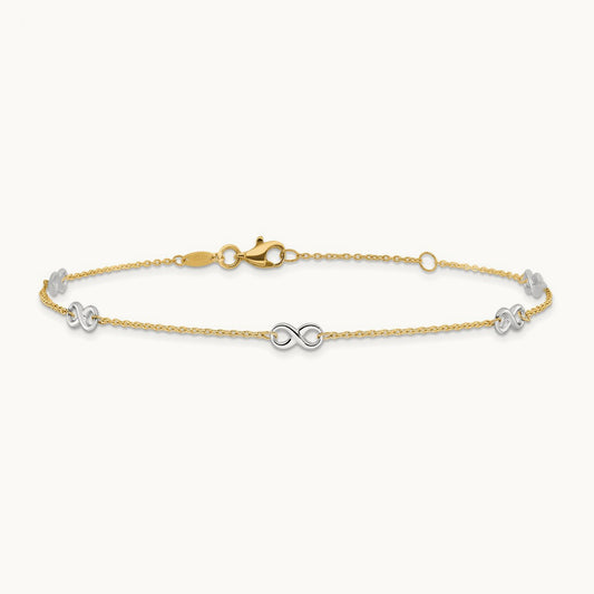 Polished Infinity 9in Plus 1 in ext. Anklet, 14K Two-tone