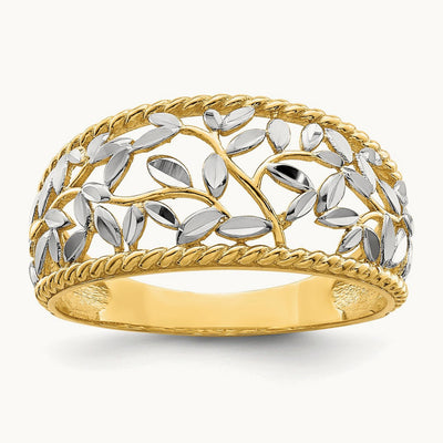 w/Rhodium Diamond-cut Filigree Leaf Ring, 14K