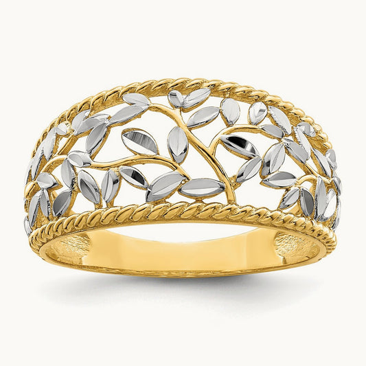 w/Rhodium Diamond-cut Filigree Leaf Ring, 14K