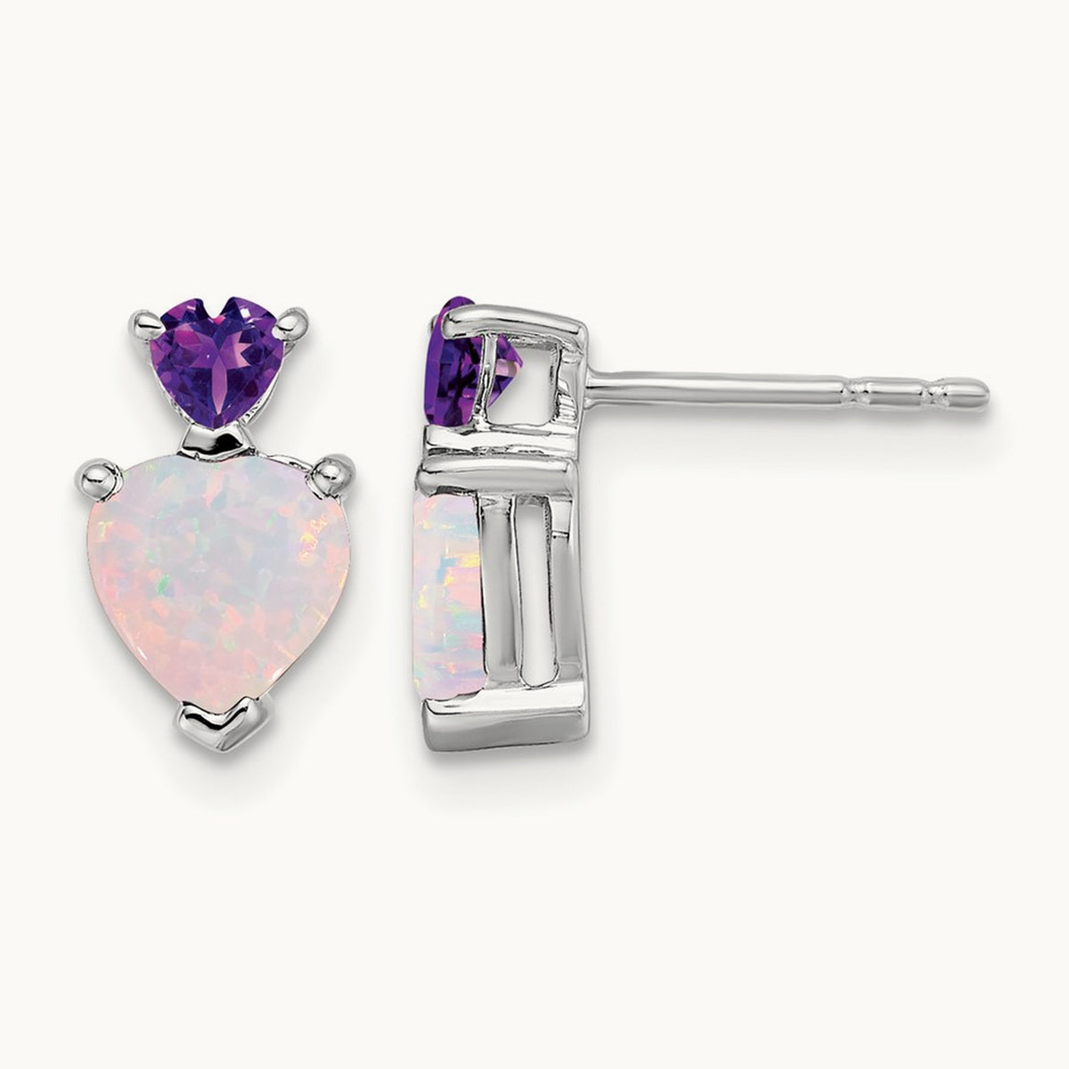 Created Opal and Amethyst Heart Earrings, 14K White Gold