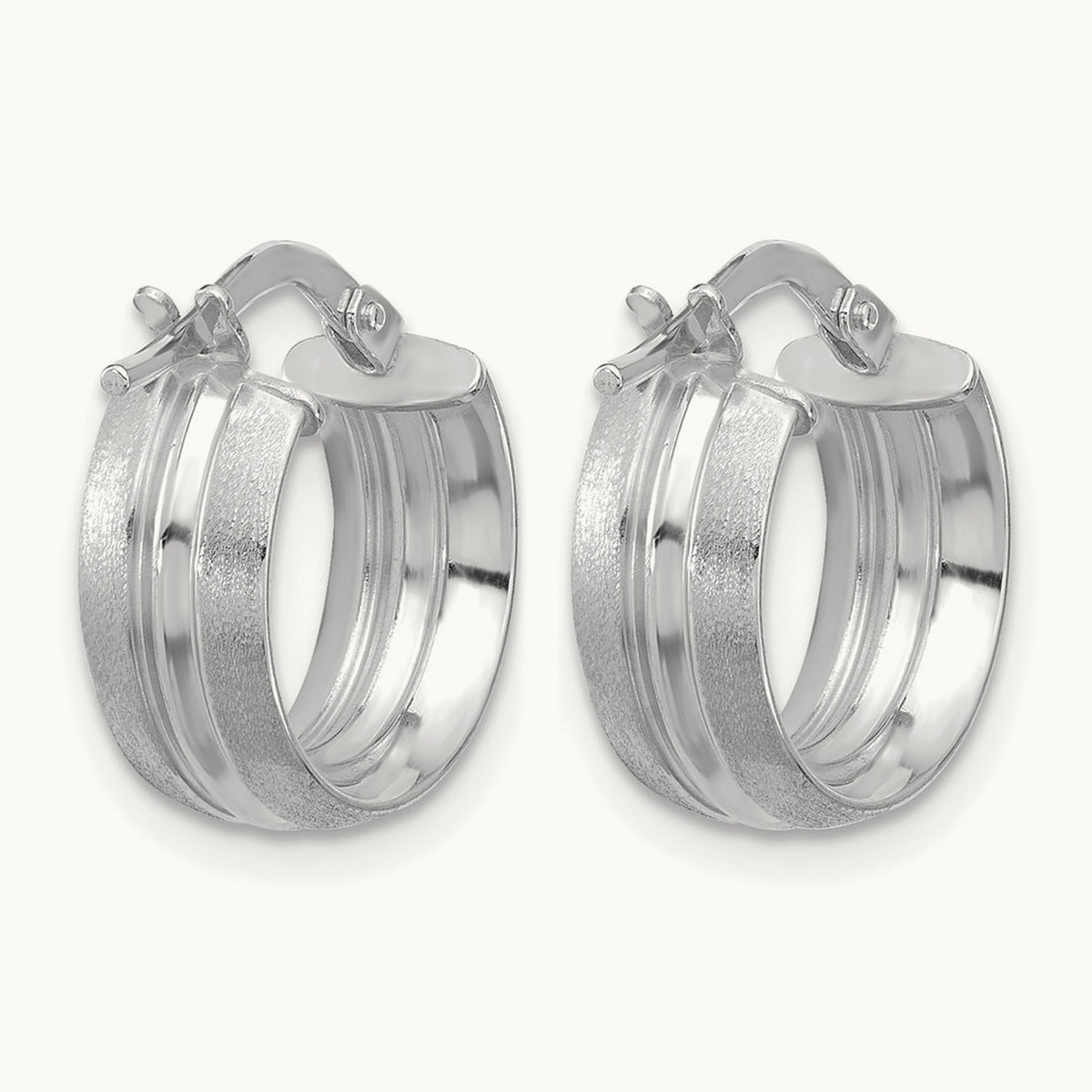 Polished and Satin Round Hoop Earrings — 14K White Gold