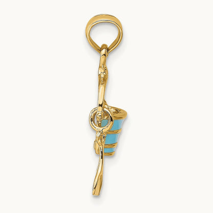 2-D Aqua Enameled Beach Bucket w/Moveable Shovel Charm, 14K