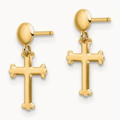 Polished Cross Post Dangle Earrings — 14K Yellow Gold