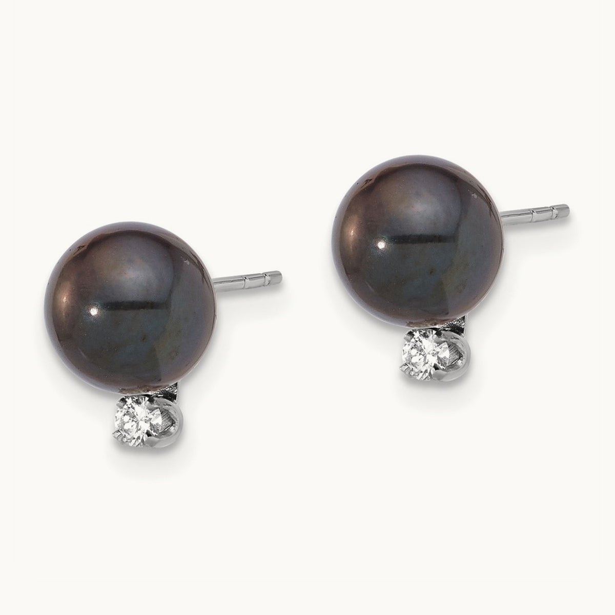 7- Round Black Akoya Pearl & .10ct Dia Post Earrings, 8mm, 14K White Gold