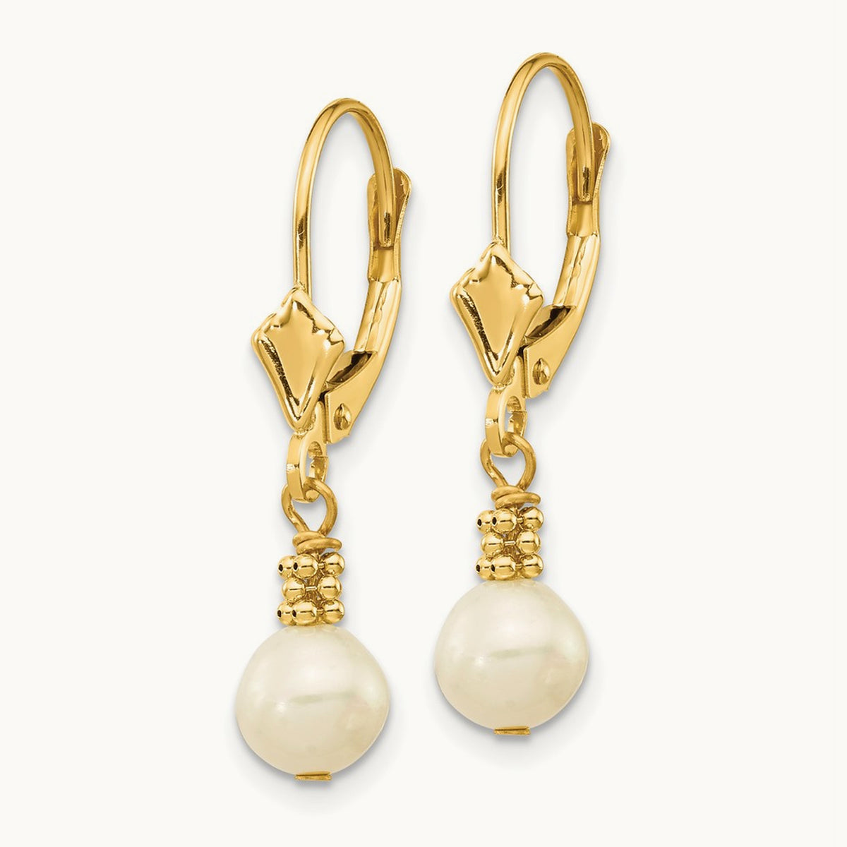 5- White Semi-round Freshwater Cultured Pearl Leverback Earrings, 14K