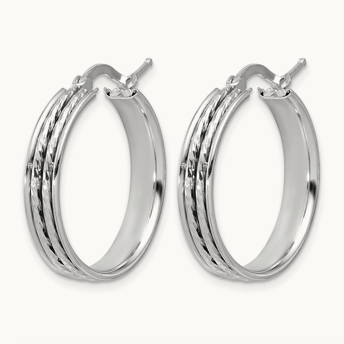 Rhodium-plated Polished and Diamond-cut Round Hoop Earrings — 25x5mm