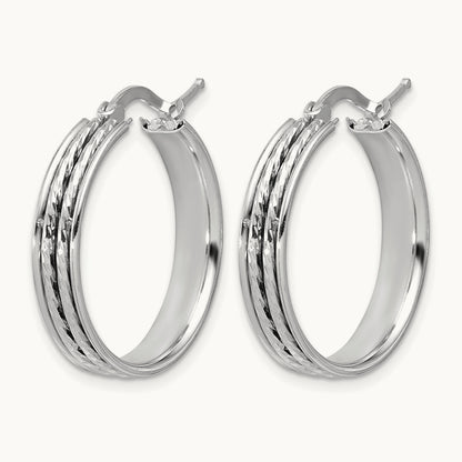 Rhodium-plated Polished and Diamond-cut Round Hoop Earrings — 25x5mm