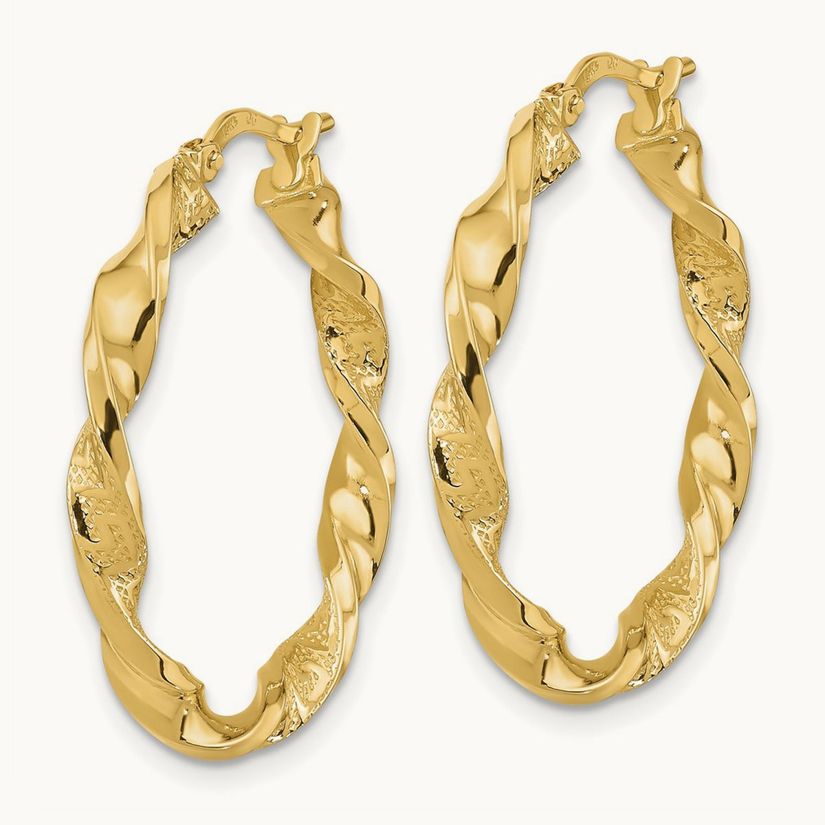 Polished and Textured Twisted Hoop Earrings — 14K Yellow Gold, 28.5mm