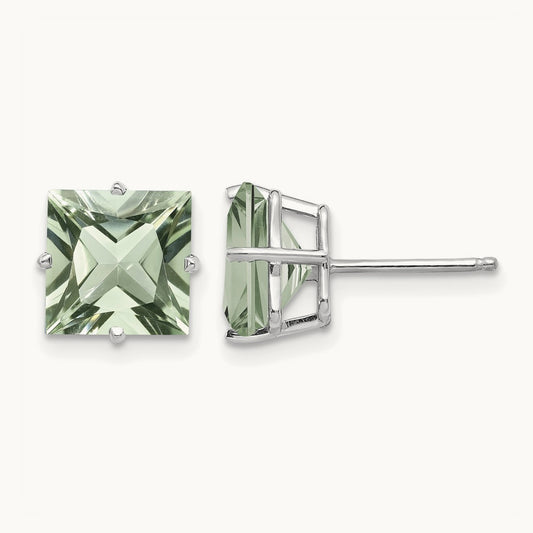 Princess 4-Prong Green Quartz Earrings, 8.0mm, 14K White Gold