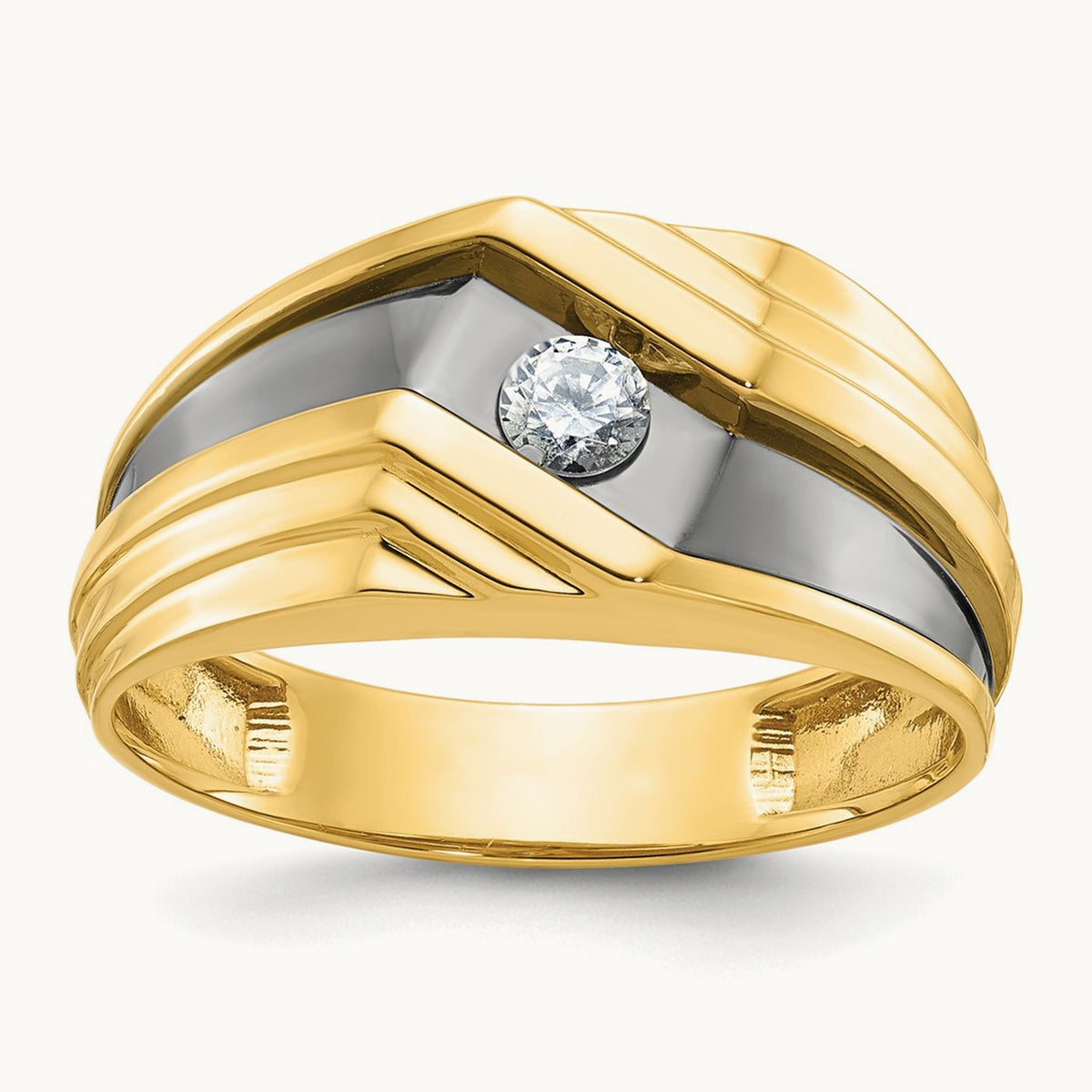 w/ Black RH IBGoodman Men's Polished & Grooved Diamond Ring, 14K