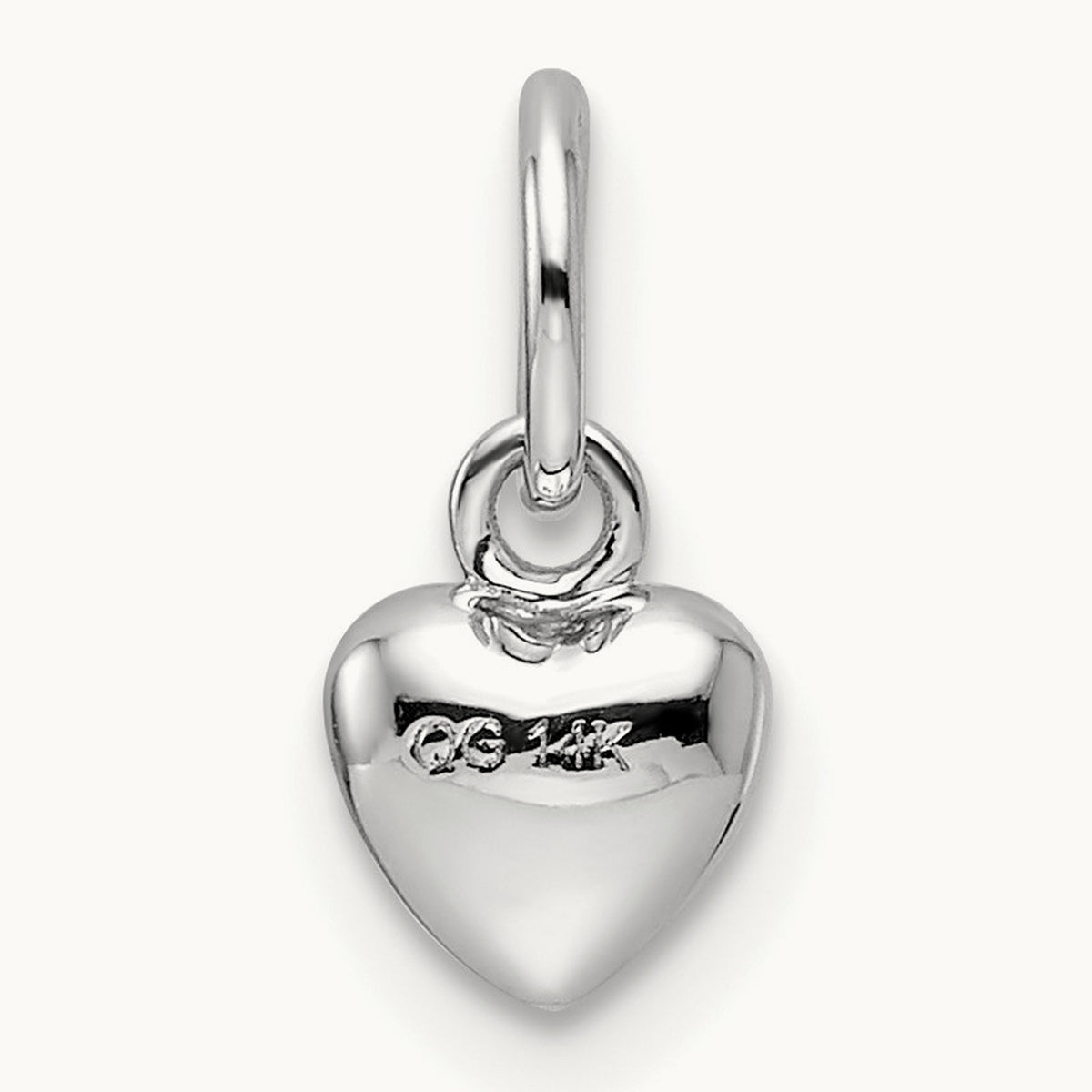 Solid Polished 3D Heart Charm, 14K White Gold