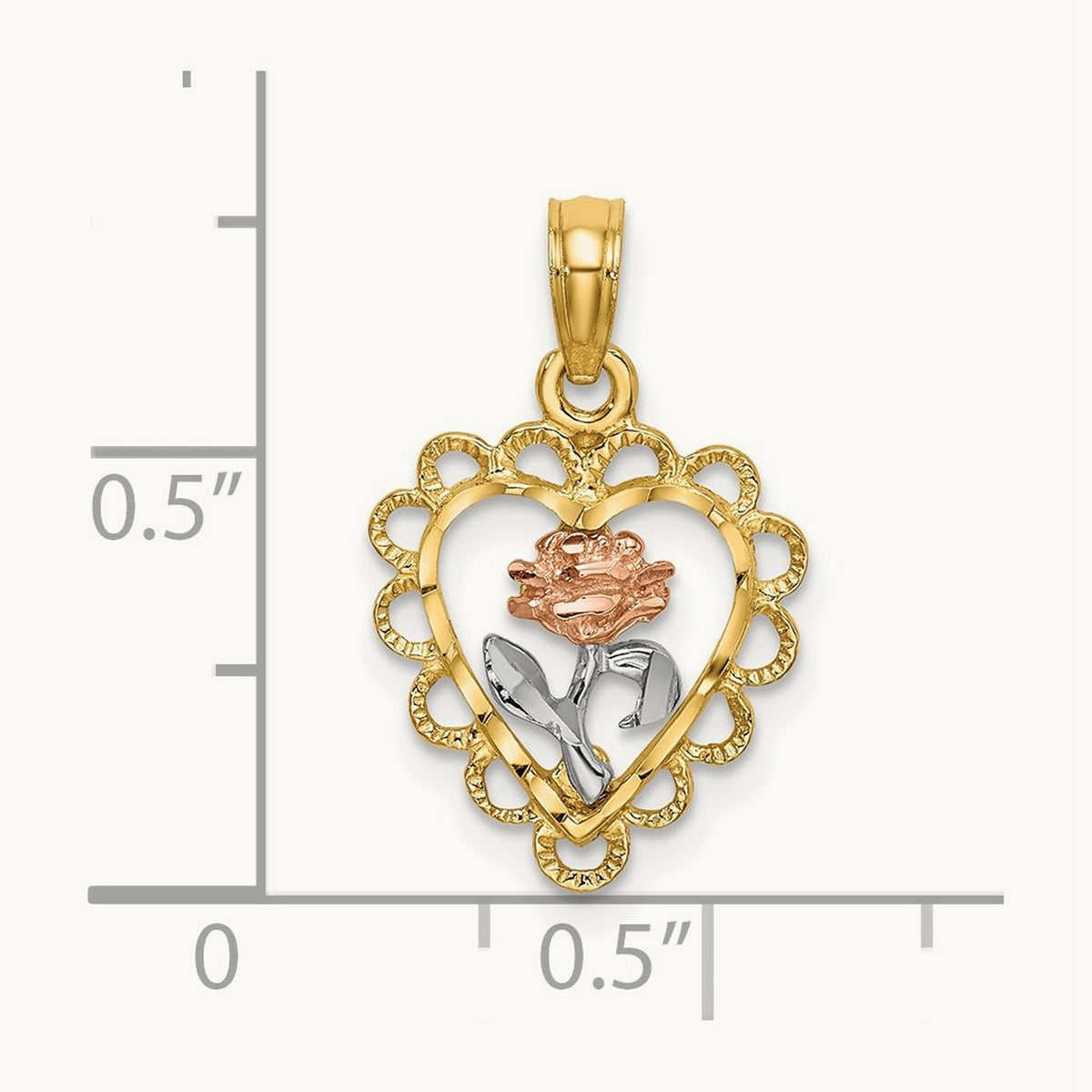 Rhodium Heart w/ Rose and Lace Trim Charm, 14K Two-tone White