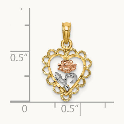 Rhodium Heart w/ Rose and Lace Trim Charm, 14K Two-tone White