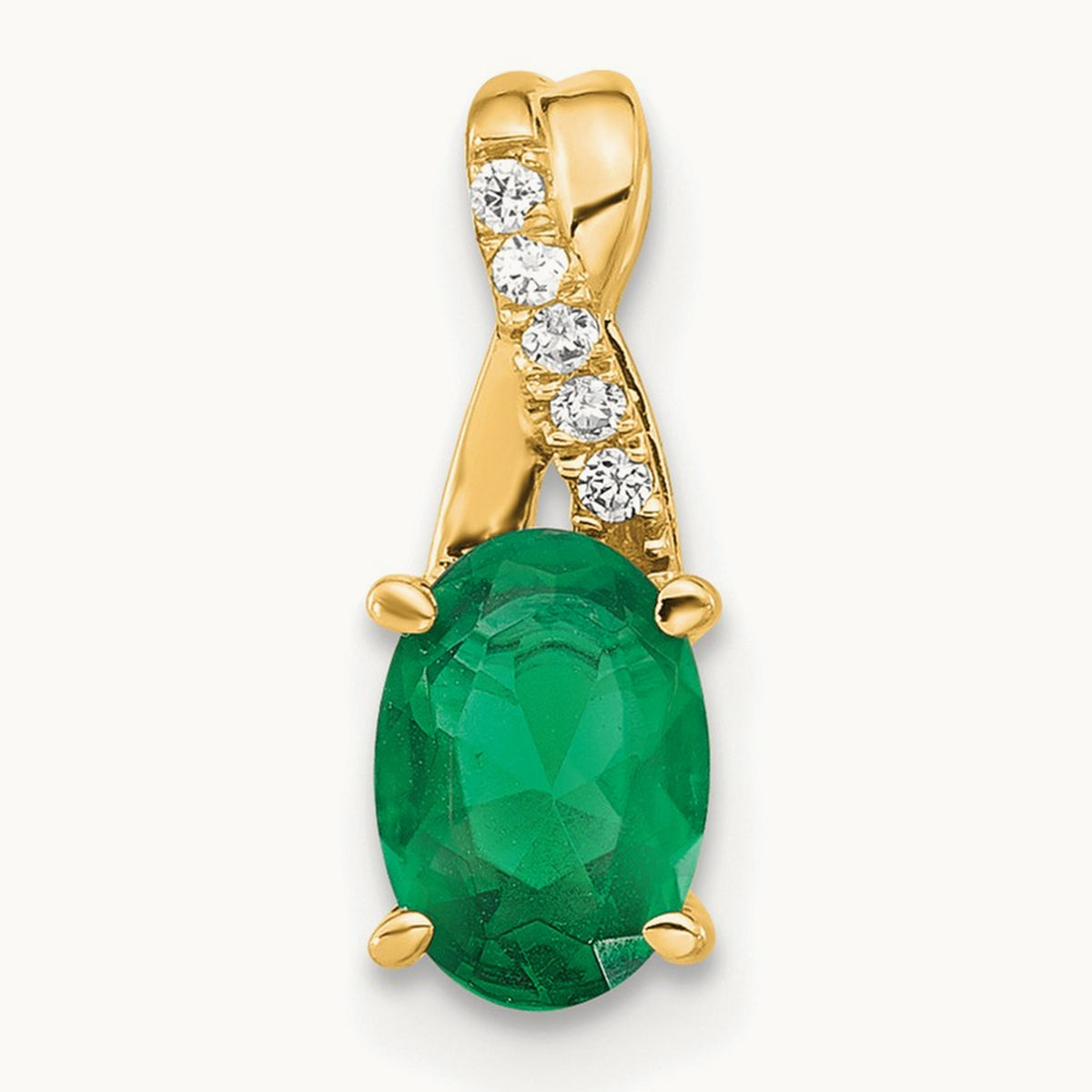 Oval Created Emerald and Diamond Pendant, 14K