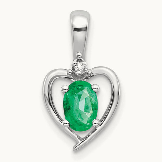 Emerald and Diamond Heart Pendant — 14K White Gold