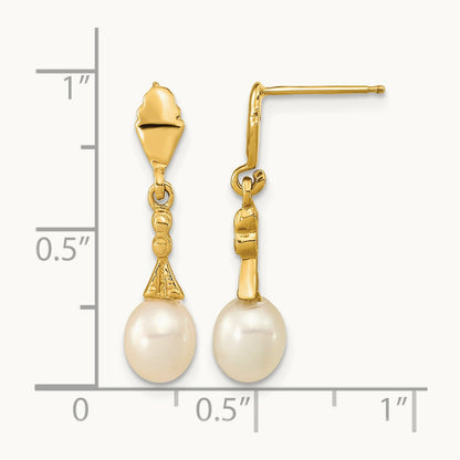5- White Teardrop Freshwater Cultured Pearl Post Dangle Earrings, 6mm, 14K
