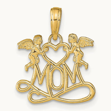Polished MOM w/Heart and Angels Pendant, 14K