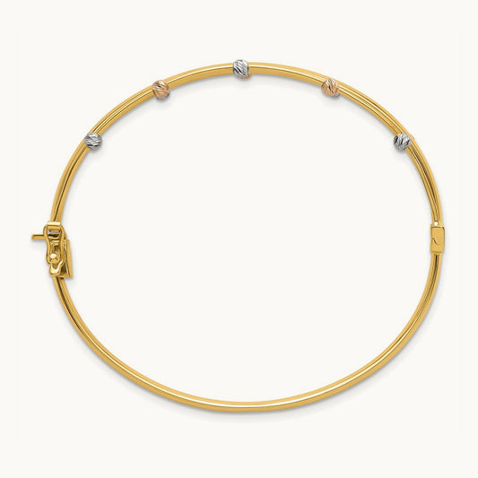 Tri-color Polished 3 Row D/C Bead Hinged Bangle Bracelet, 14K