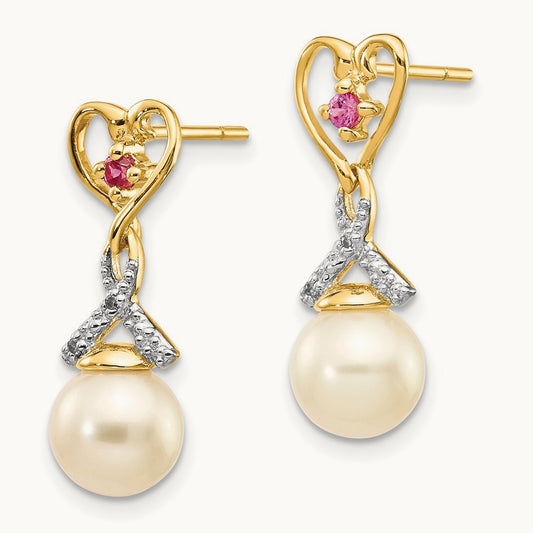 7- FWC Pearl Created Ruby Diamond Heart Dangle Earrings, 8mm, 14K