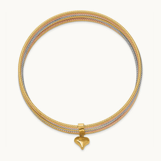 Tri-color w/ Dangle Heart Oversized Set of 7 Textured Slip-on Bangles, 14K