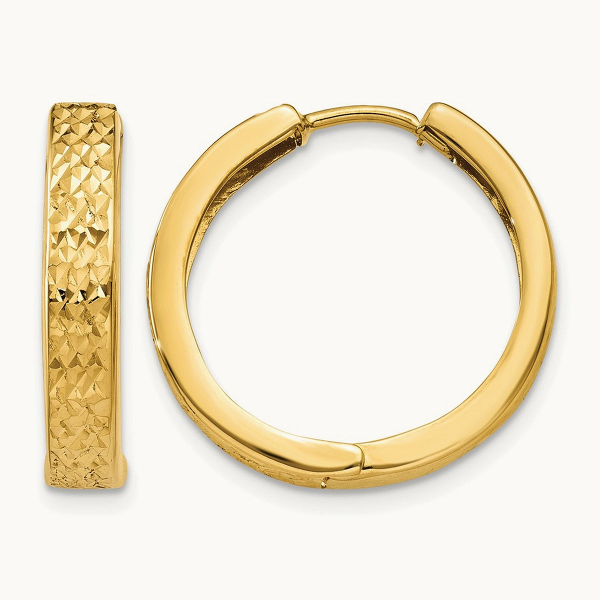 Diamond-cut Hinged Hoop Earrings — 14K Yellow Gold, 15mm