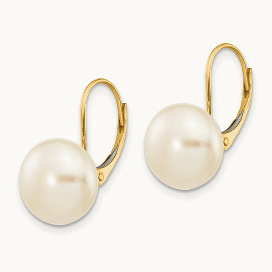 10- White Button Freshwater Cultured Pearl Leverback Earrings, 11mm, 14K