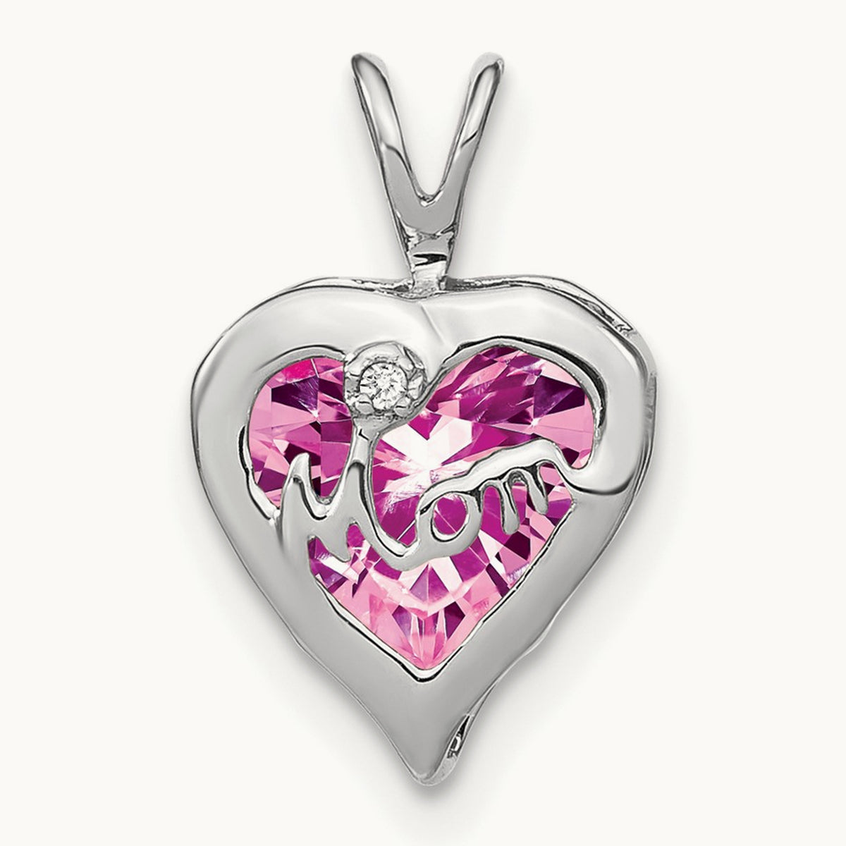 Creat. Pink Sapphire/Diamond MOM Heart Pendant, 14K White Gold