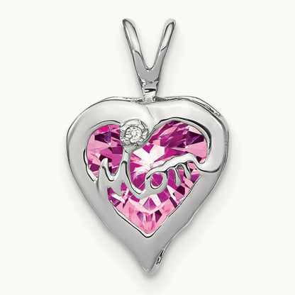 Creat. Pink Sapphire/Diamond MOM Heart Pendant, 14K White Gold