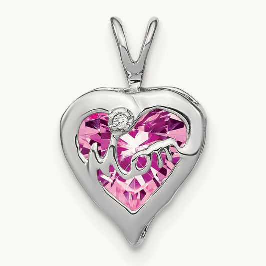Creat. Pink Sapphire/Diamond MOM Heart Pendant, 14K White Gold