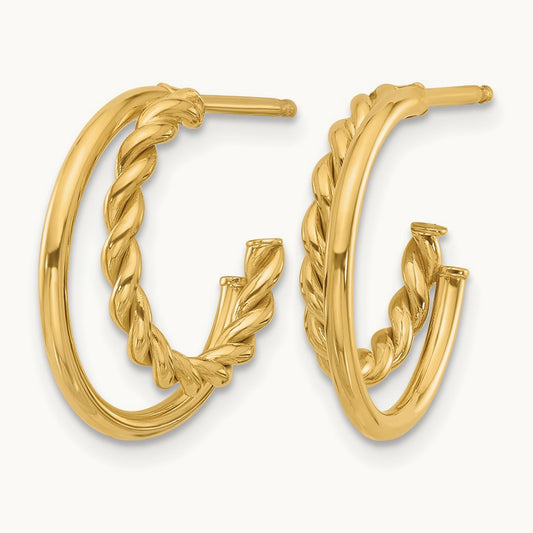 Polished and Textured 2-Row J-Hoop Post Earrings, 14K — Leslie's