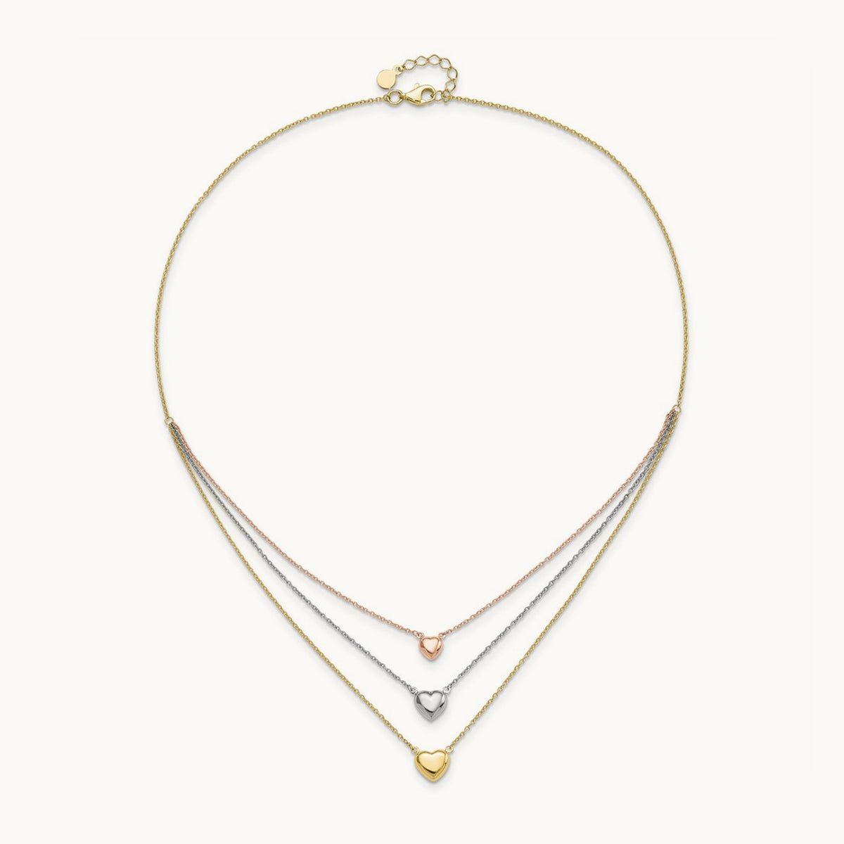 Tri-color Three Heart w/ 1in ext. Necklace, 14K