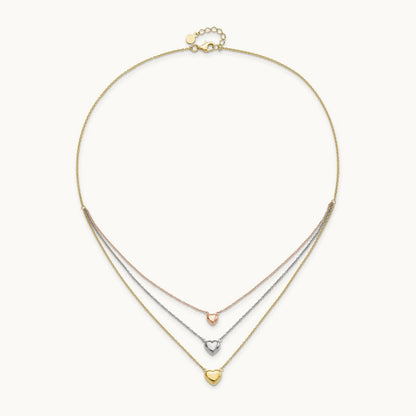 Tri-color Three Heart w/ 1in ext. Necklace, 14K
