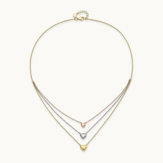Tri-color Three Heart w/ 1in ext. Necklace, 14K