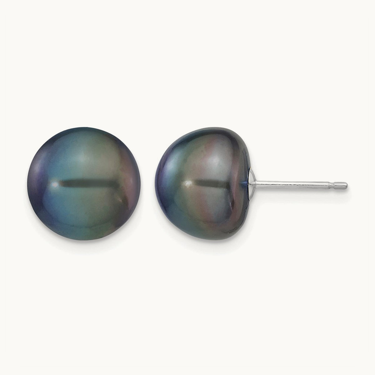 Black Button Freshwater Cultured Pearl Stud Post Earrings — 14K White Gold