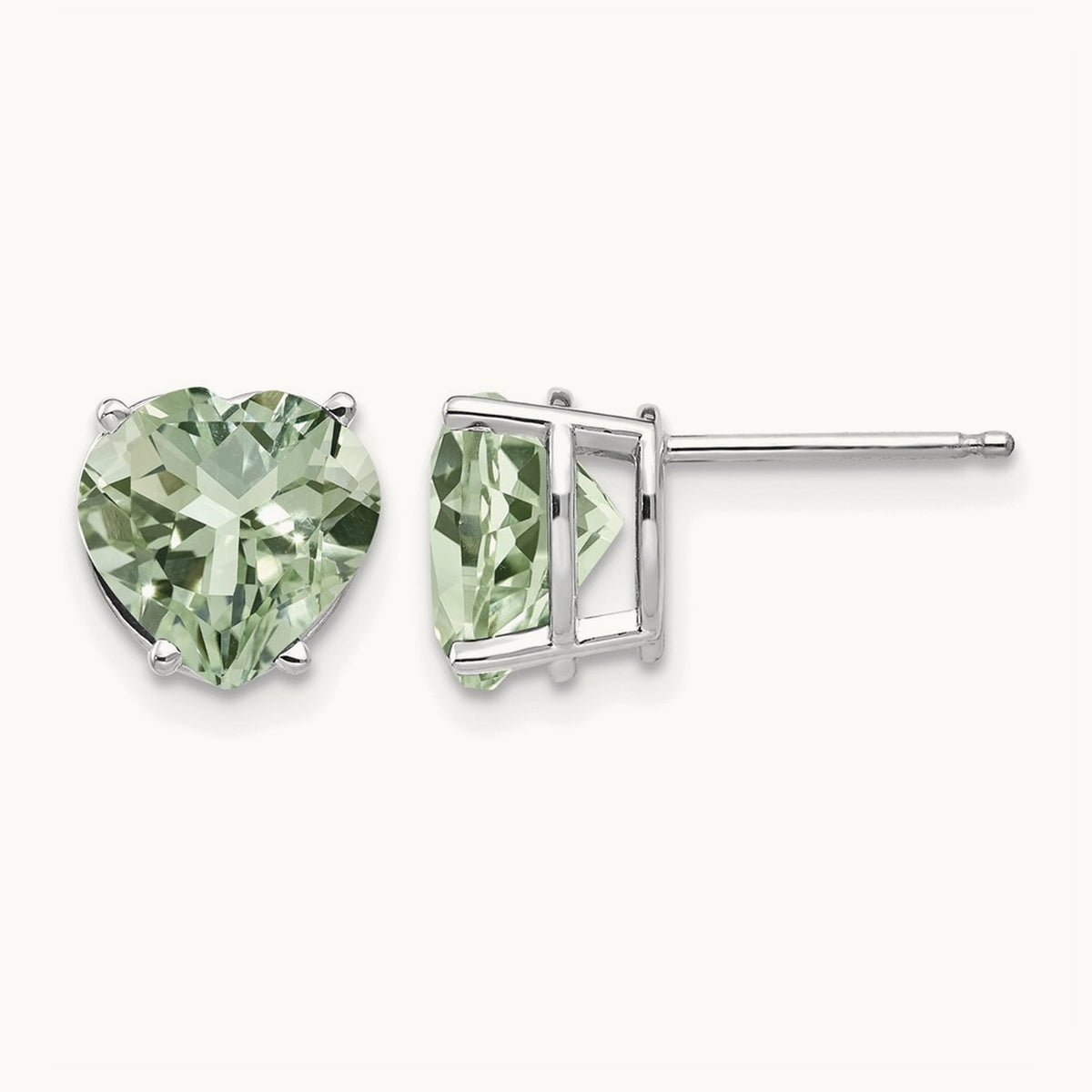 Heart Green Quartz Earring, 8mm, 14K White Gold