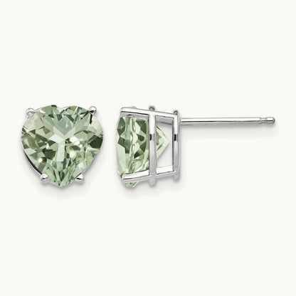 Heart Green Quartz Earring, 8mm, 14K White Gold