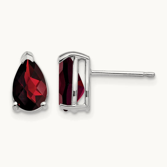 8x5mm Pear Garnet Checker Earrings, 14K White Gold