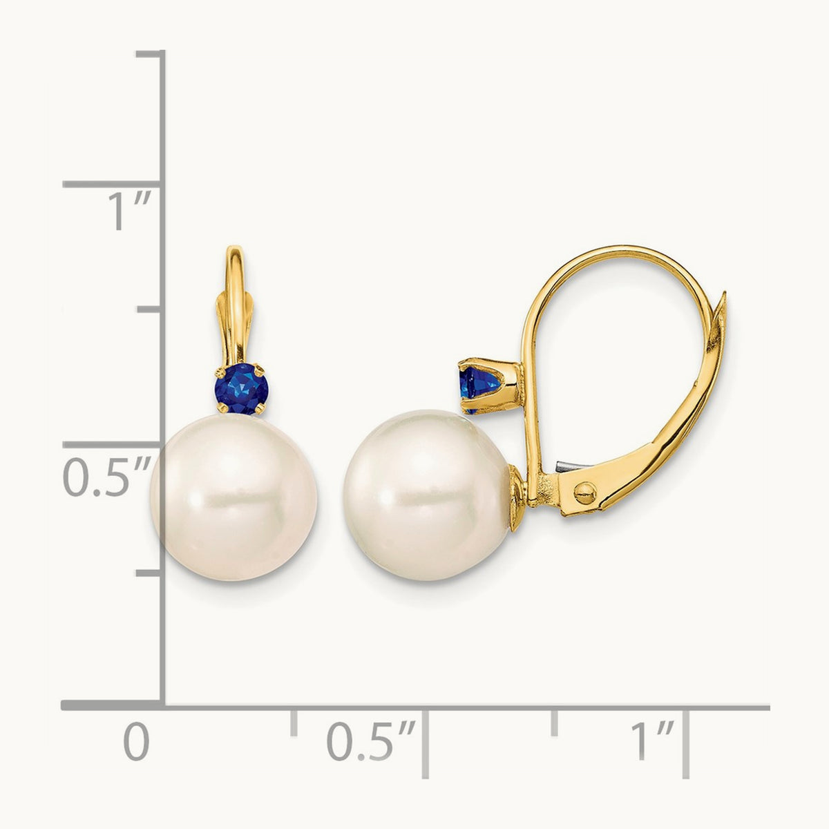 8- White Round FWC Pearl Sapphire Leverback Earrings, 8.5mm, 14K