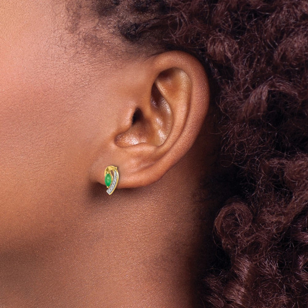1/20Ct Diamond and Emerald Earrings — 14K Yellow Gold