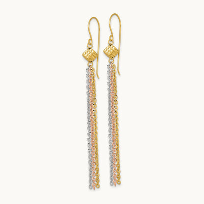Tri-color Polished Fancy Dangle Tassel Shepherd's Hook Earrings, 14K